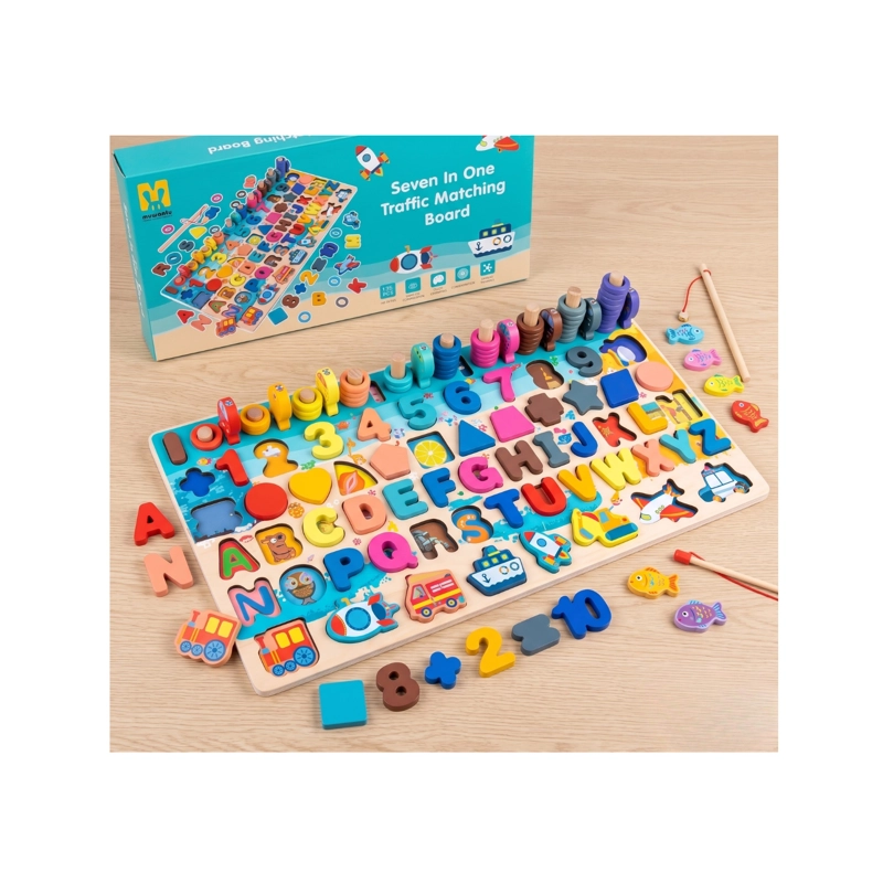 TABLERO DIDACTICO MONTESSORI 7 EN 1 MADERA NUMEROS LETRAS Y PESCA - 4