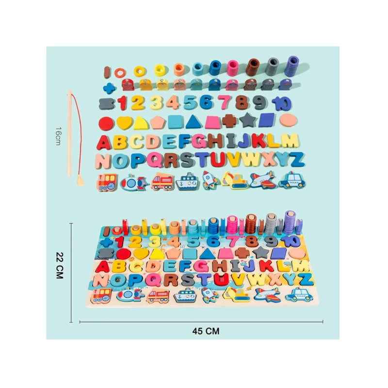 TABLERO DIDACTICO MONTESSORI 7 EN 1 MADERA NUMEROS LETRAS Y PESCA - 5