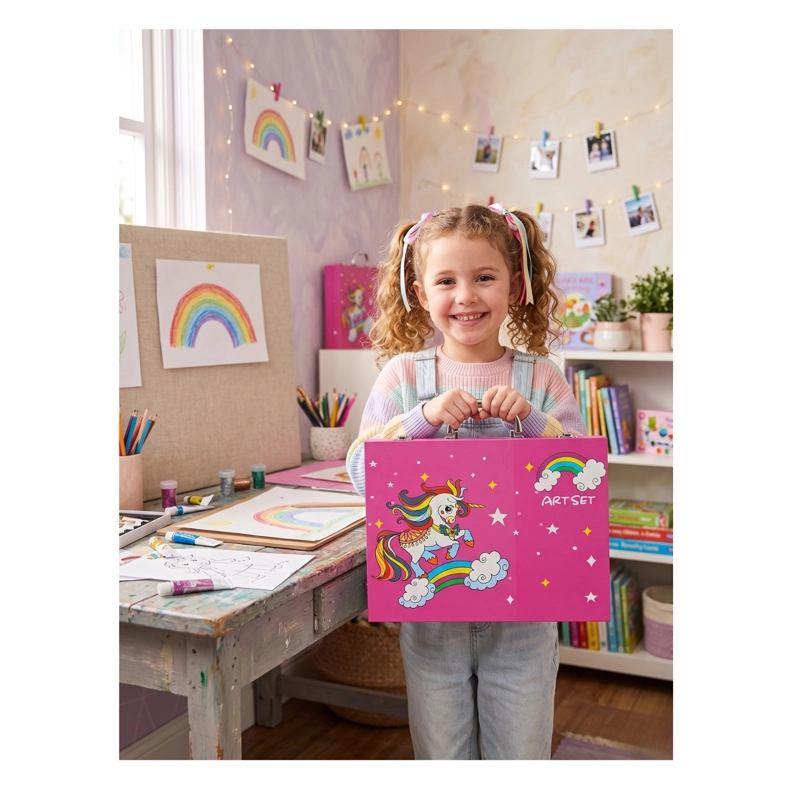 MALETIN DE ARTE PROFESIONAL 68 PIEZAS DISEÑO UNICORNIO ROSA - KIT DE DIBUJO Y PINTURA - 2