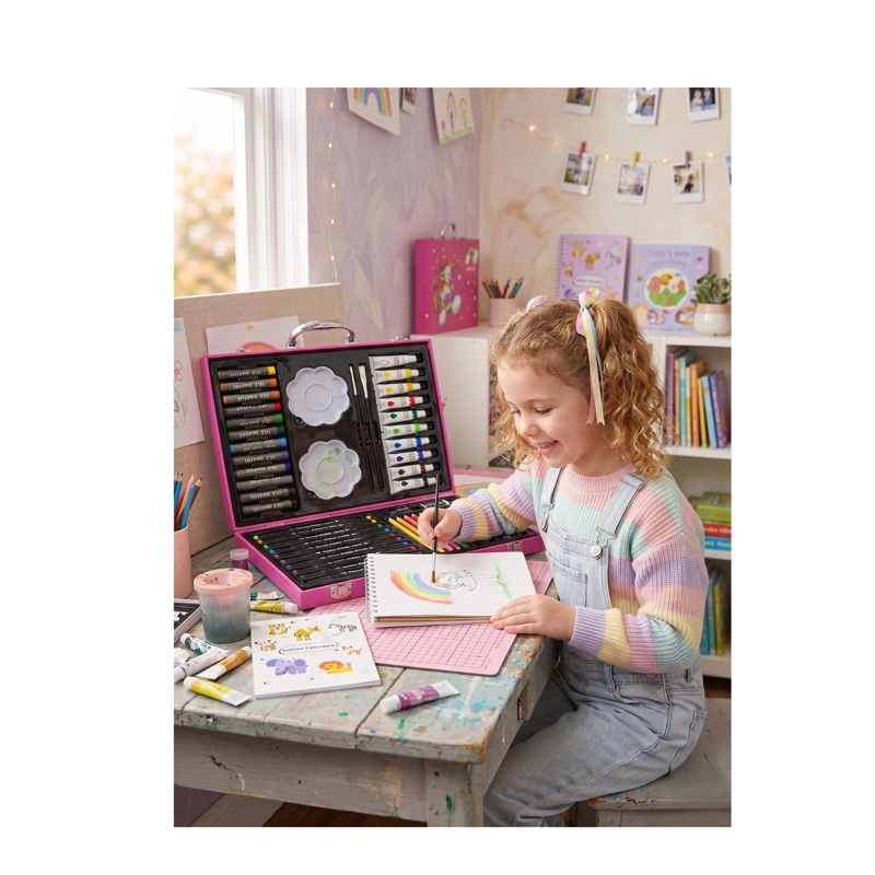MALETIN DE ARTE PROFESIONAL 68 PIEZAS DISEÑO UNICORNIO ROSA - KIT DE DIBUJO Y PINTURA - 4