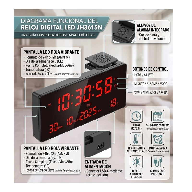 RELOJ MURAL DIGITAL LED JH3615N FECHA TEMPERATURA Y ALARMA - 2