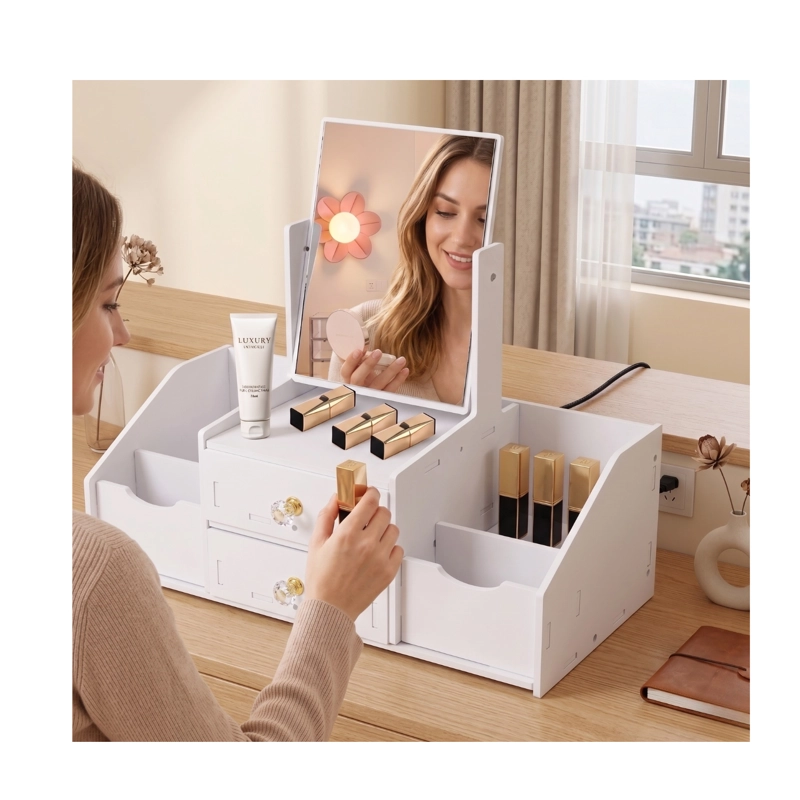 ORGANIZADOR DE MAQUILLAJE CON ESPEJO Y CAJONES RECTANGULAR TIPO TOCADOR - 2