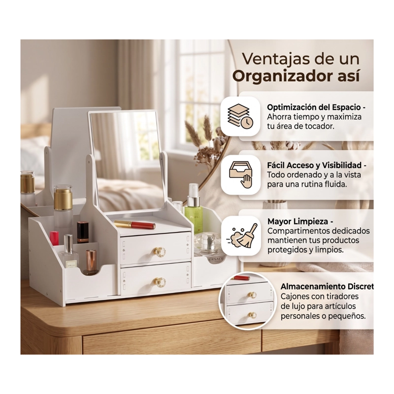 ORGANIZADOR DE MAQUILLAJE CON ESPEJO Y CAJONES RECTANGULAR TIPO TOCADOR - 7