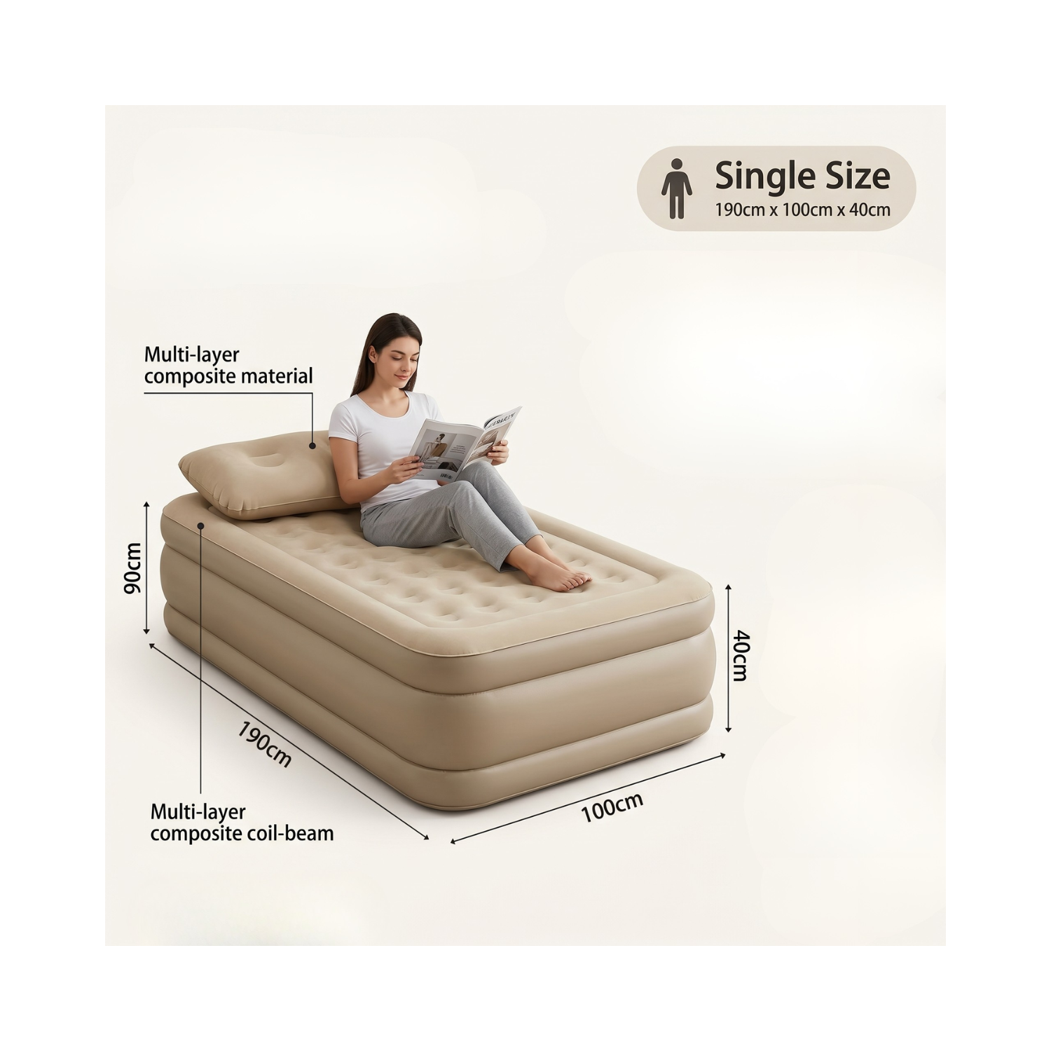 CAMA INFLABLE 1 PLAZA ELEVADA PREMIUM 190X100X40CM - REFORZADA - 5