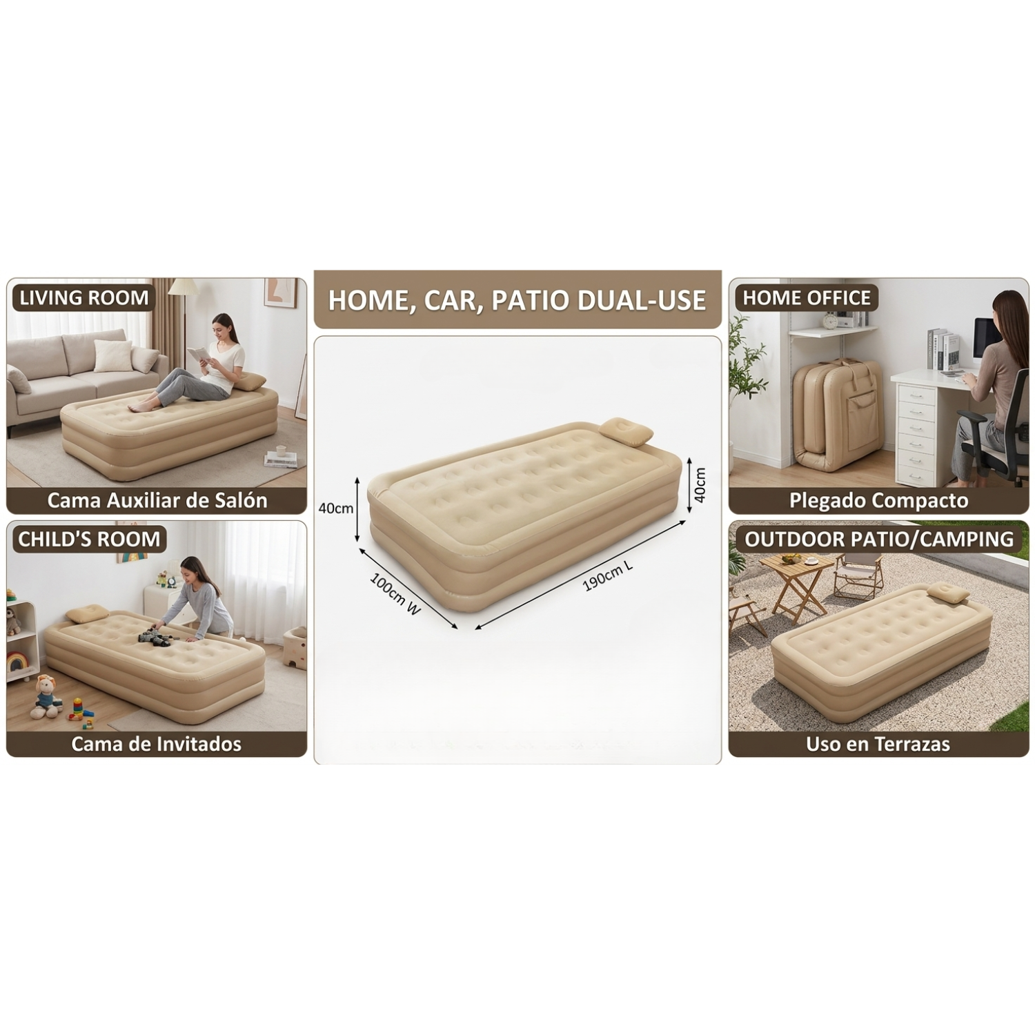CAMA INFLABLE 1 PLAZA ELEVADA PREMIUM 190X100X40CM - REFORZADA - 6