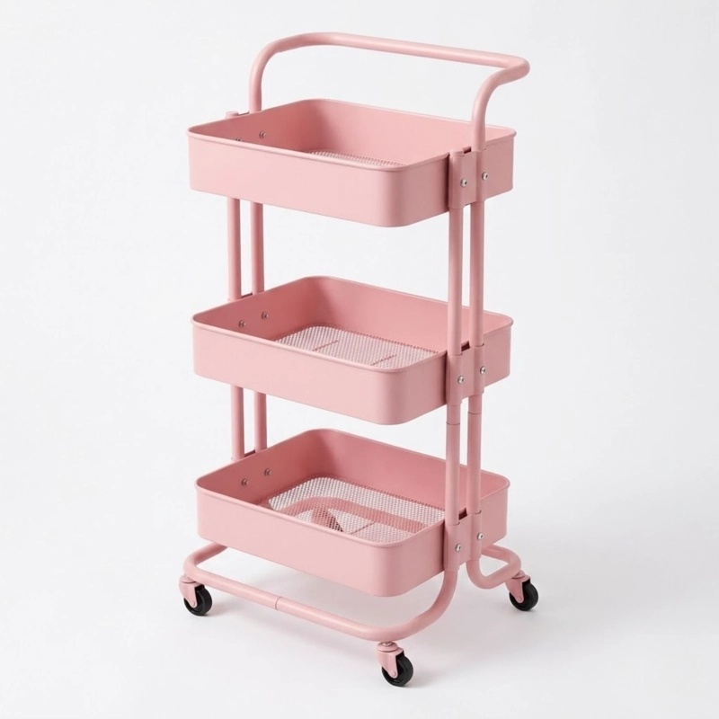 CARRITO ORGANIZADOR CARRO CON RUEDAS ASA ESTANTE 3 NIVELES COLOR ROSA - 1