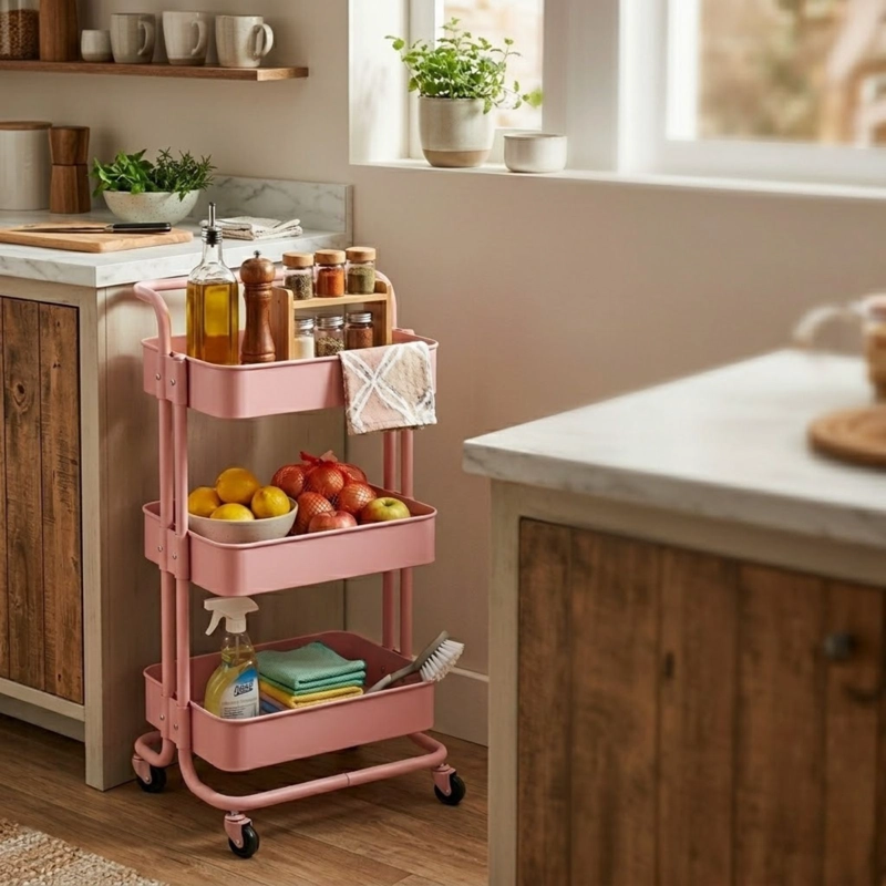 CARRITO ORGANIZADOR CARRO CON RUEDAS ASA ESTANTE 3 NIVELES COLOR ROSA - 2