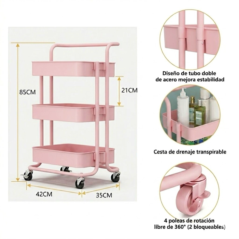 CARRITO ORGANIZADOR CARRO CON RUEDAS ASA ESTANTE 3 NIVELES COLOR ROSA - 3