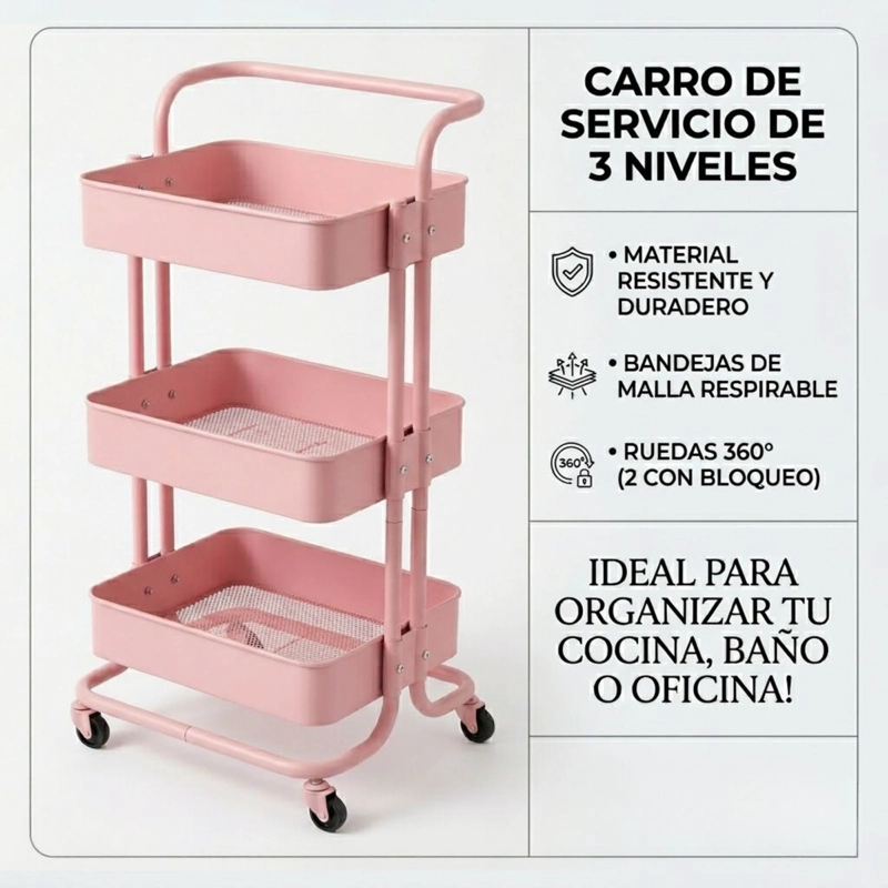 CARRITO ORGANIZADOR CARRO CON RUEDAS ASA ESTANTE 3 NIVELES COLOR ROSA - 4