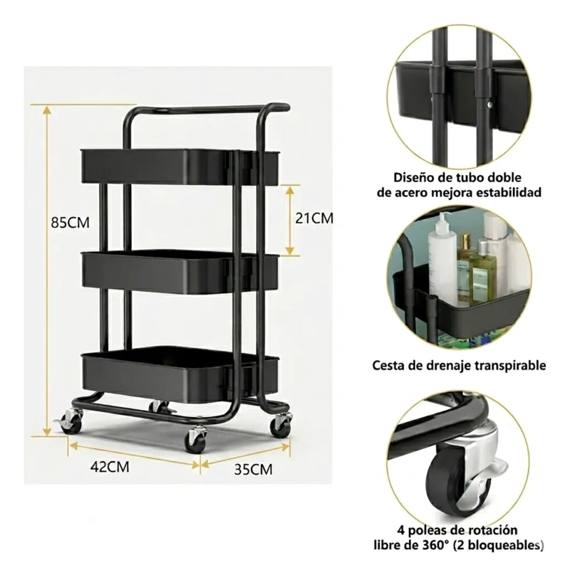 CARRITO ORGANIZADOR CARRO CON RUEDAS ASA ESTANTE 3 NIVELES COLOR NEGRO - 4
