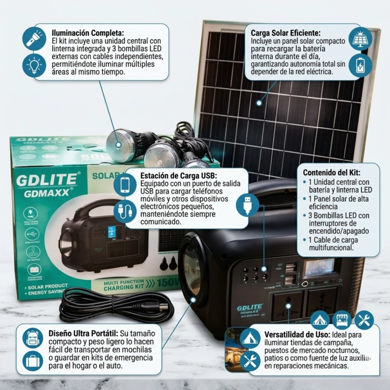 KIT DE GENERADOR SOLAR PORTATIL CON LINTERNA LED 3 BOMBILLAS - 3