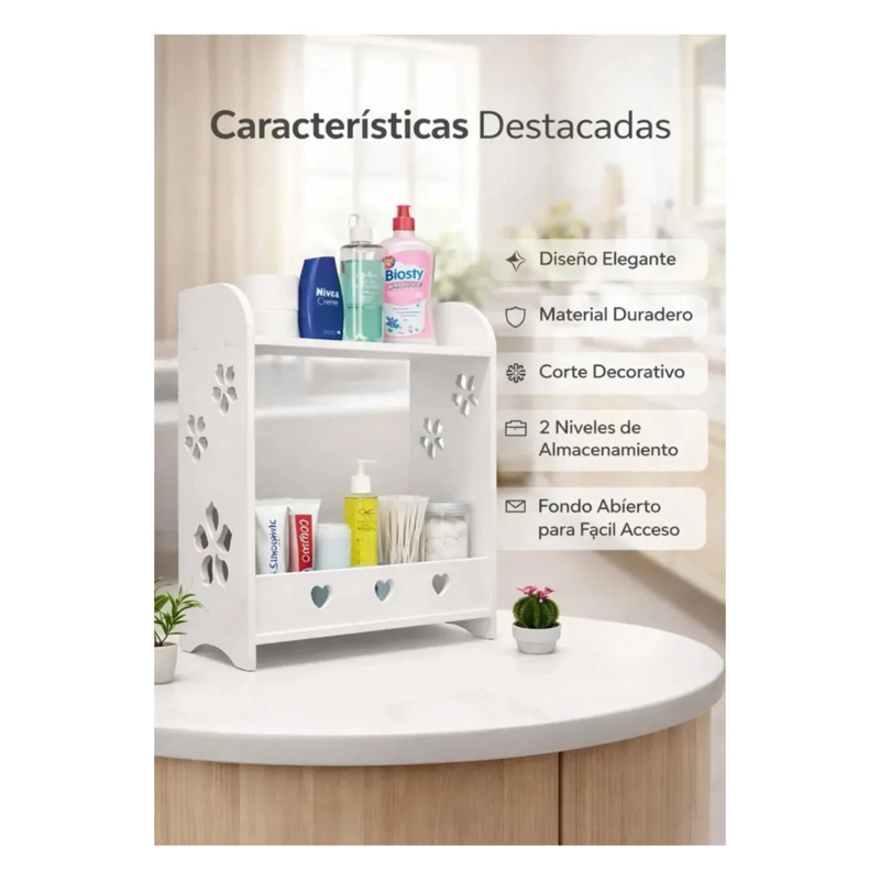 ESTANTE ORGANIZADOR MULTIUSO PARA BAÑO O ESCRITORIO - 2 NIVELES CON DISEÑO CALADO - 2