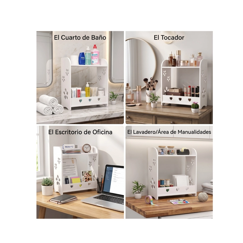 ESTANTE ORGANIZADOR MULTIUSO PARA BAÑO O ESCRITORIO - 2 NIVELES CON DISEÑO CALADO - 3