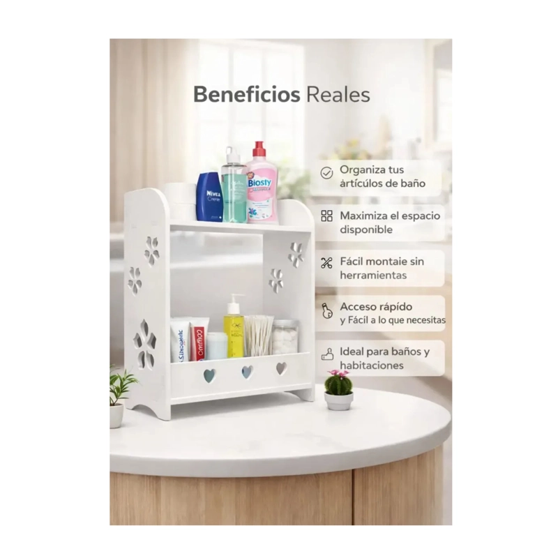 ESTANTE ORGANIZADOR MULTIUSO PARA BAÑO O ESCRITORIO - 2 NIVELES CON DISEÑO CALADO - 4