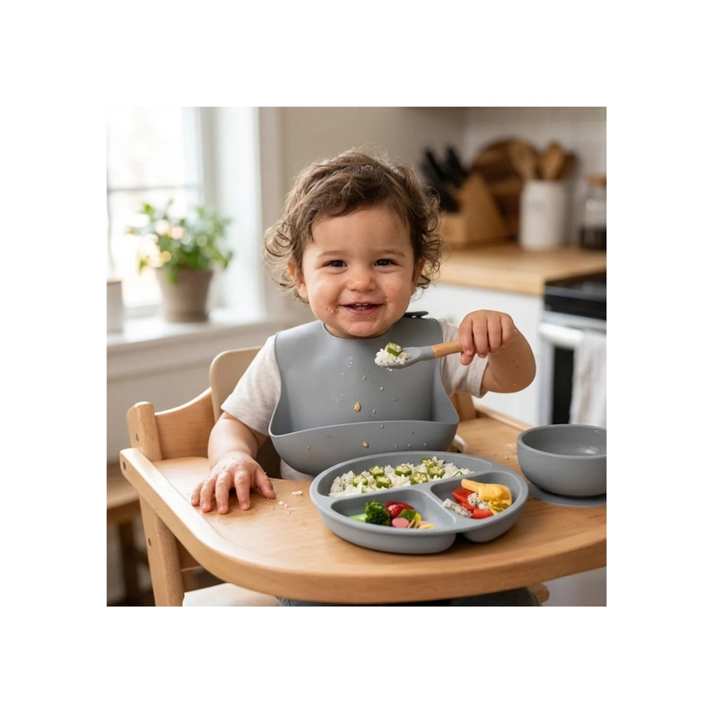 SET DE ALIMENTACION 4 PZS PARA BEBE SILICONA ANTI-DESLIZANTE GRIS - 1