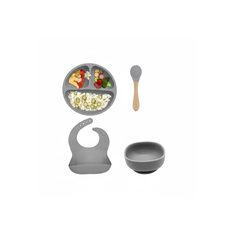 SET DE ALIMENTACION 4 PZS PARA BEBE SILICONA ANTI-DESLIZANTE GRIS - 2