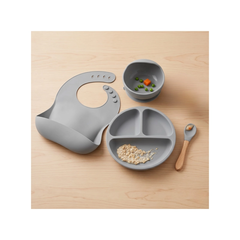 SET DE ALIMENTACION 4 PZS PARA BEBE SILICONA ANTI-DESLIZANTE GRIS - 3