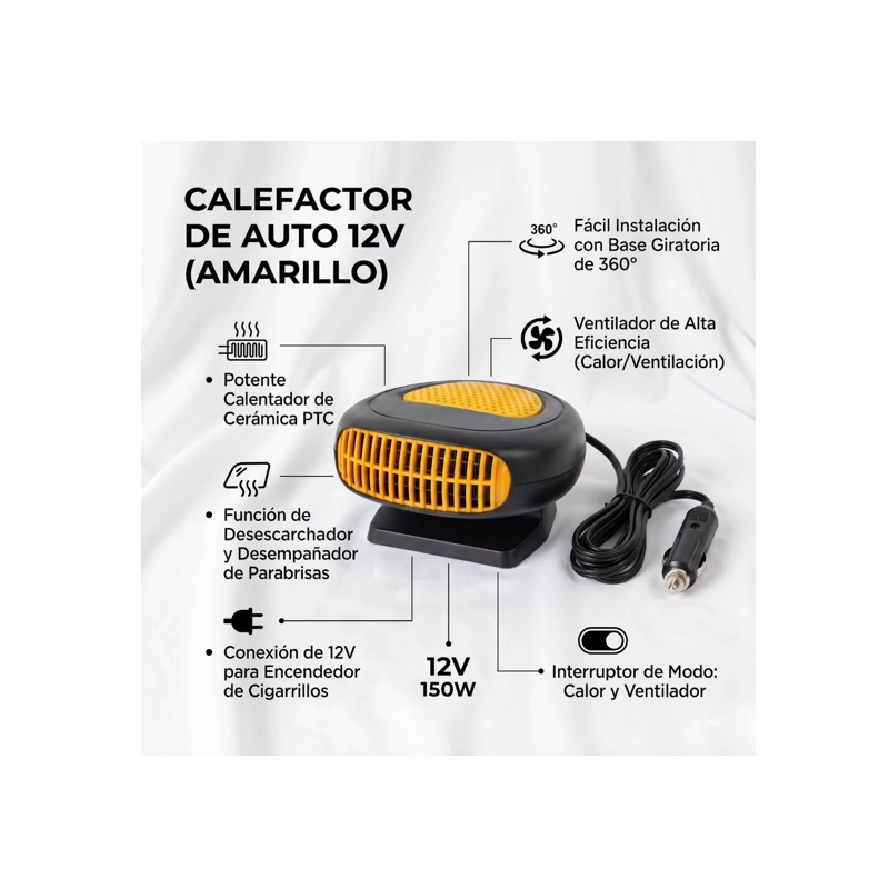 CALEFACTOR PARA AUTOS 12V 200W VENTILADOR AUTO - AMARILLO - 3
