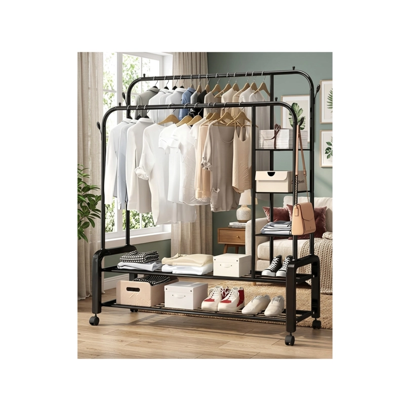 PERCHERO ORGANIZADOR COLGANTE ROPA DOBLE BARRA TENDEDERO 88K NEGRO - 1