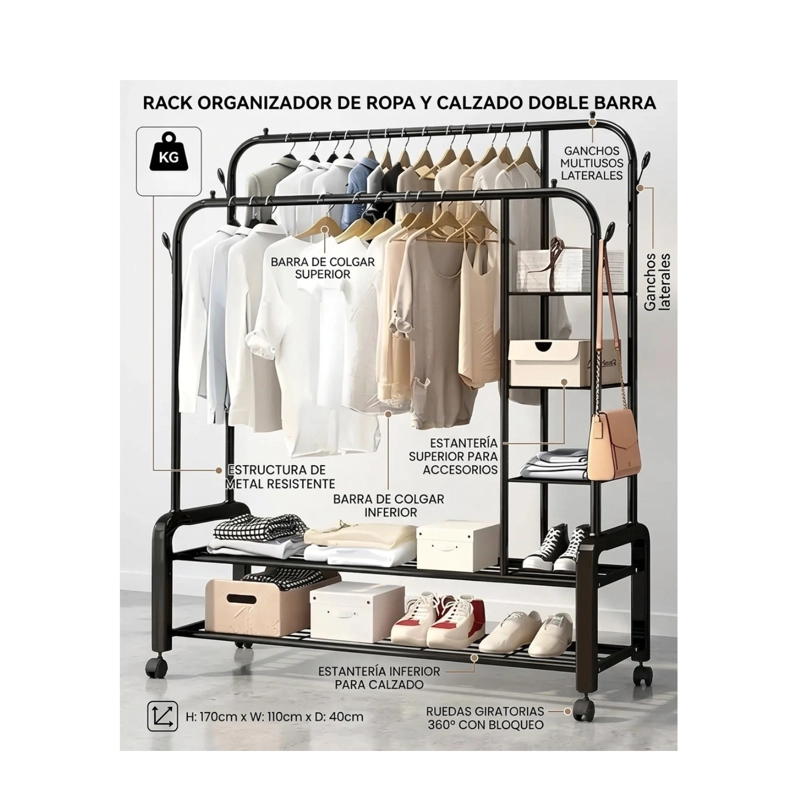 PERCHERO ORGANIZADOR COLGANTE ROPA DOBLE BARRA TENDEDERO 88K NEGRO - 2