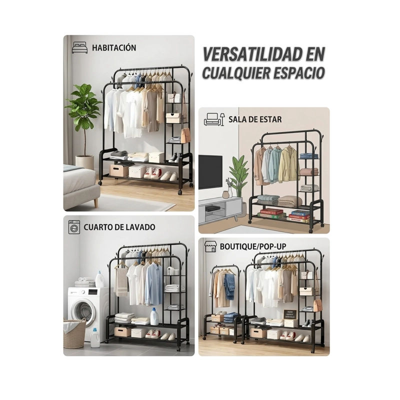 PERCHERO ORGANIZADOR COLGANTE ROPA DOBLE BARRA TENDEDERO 88K NEGRO - 4
