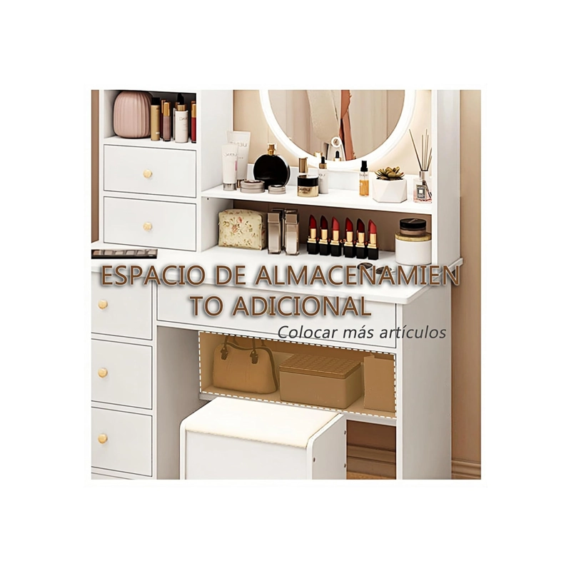 TOCADOR DE MAQUILLATE CON ESPEJO LED Y TABURETE - 80X37X120CM - 3