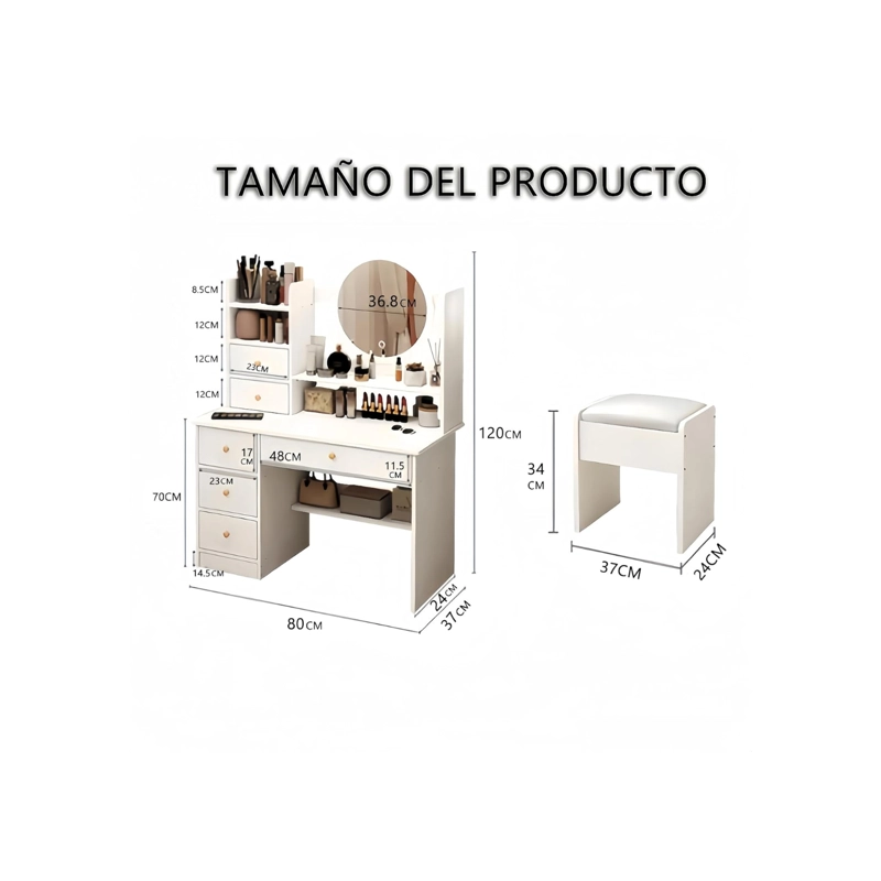 TOCADOR DE MAQUILLATE CON ESPEJO LED Y TABURETE - 80X37X120CM - 7