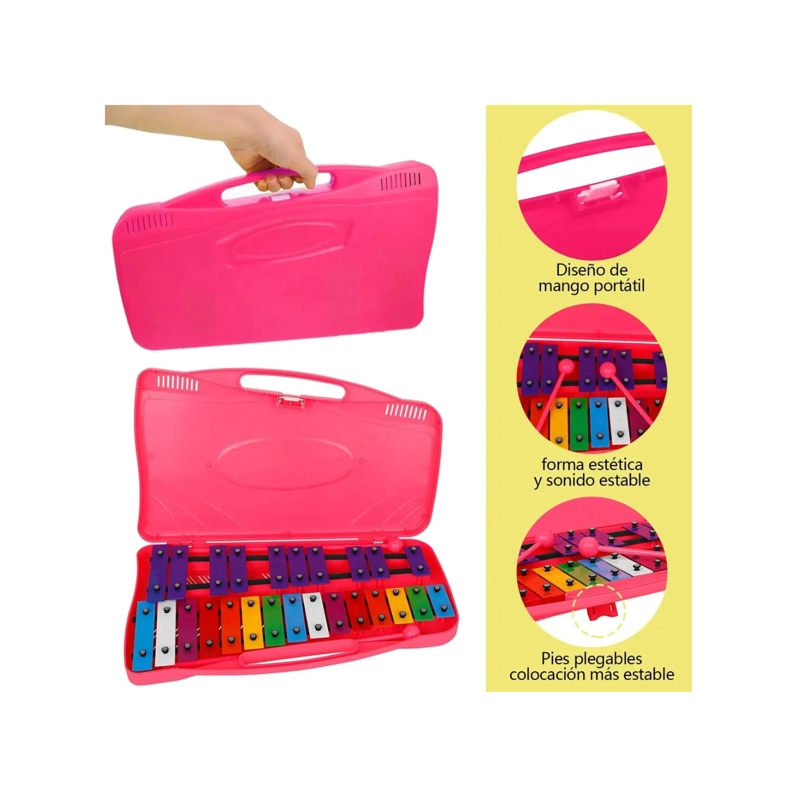 METALOFONO CROMATICO INFANTIL 25 NOTAS XILOFONO CON MALETA DE TRANSPORTE Y BAQUETAS - ROSA - 6