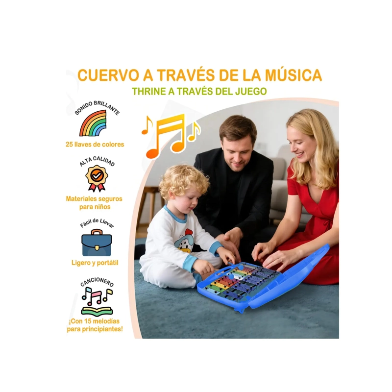 METALOFONO CROMATICO INFANTIL 25 NOTAS XILOFONO CON MALETA DE TRANSPORTE Y BAQUETAS - AZUL - 4