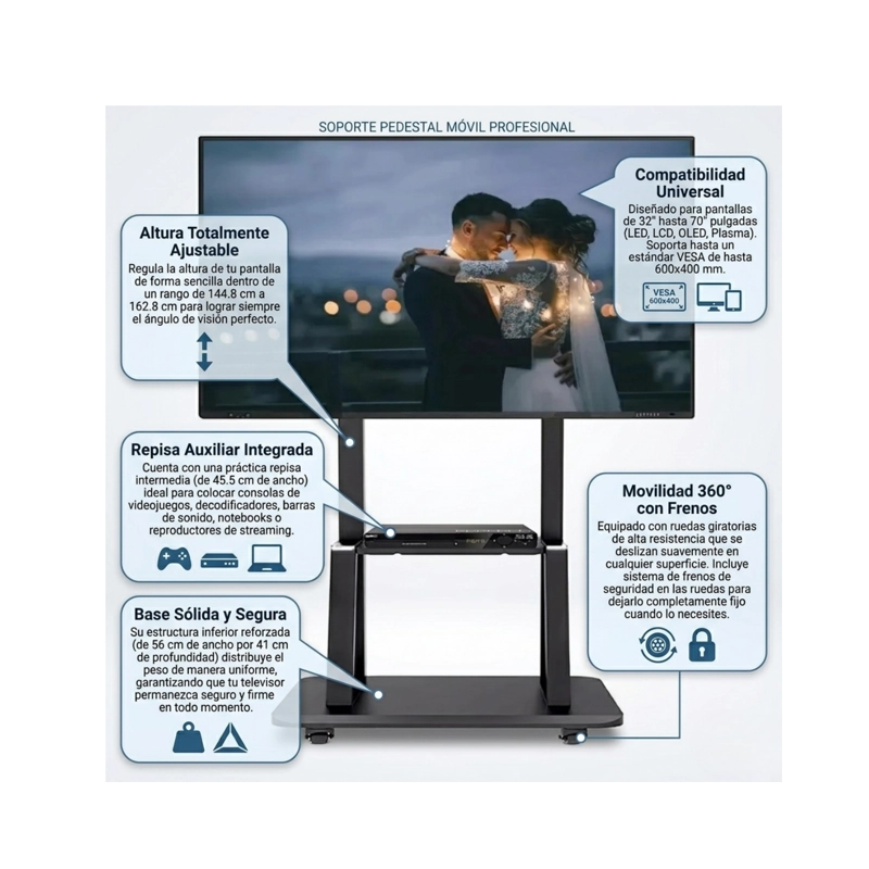 SOPORTE MINI PEDESTAL TV MOVIL CON RUEDAS Y REPISA 32 A 70 PULGADAS 1700A - 6