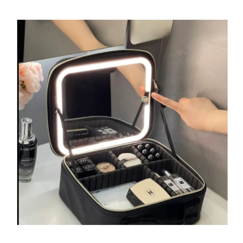 MALETIN ORGANIZADOR DE MAQUILLAJE CON ESPEJO LED INTELIGENTE Y DIVISORES AJUSTABLES - 2
