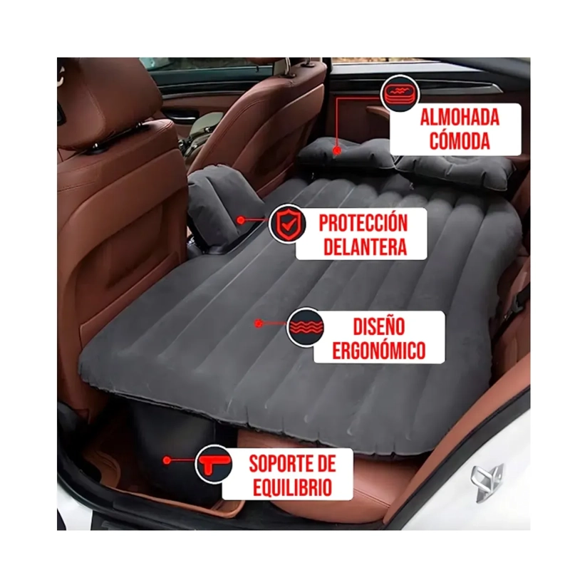 COLCHON INFLABLE ASIENTO TRASERO AUTO + COMPRESOR DE AIRE COLOR GRIS - 2