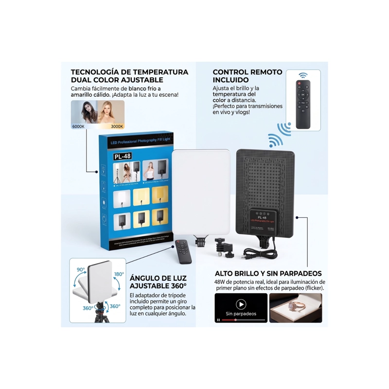 PANEL DE ILUMINACION LED PROFESIONAL PL-48 CON CONTROL REMOTO Y TEMPERATURA REGULABLE - 7