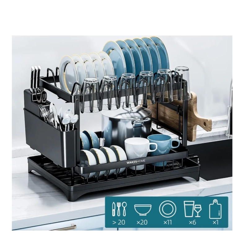 SECADOR ESCURRIDOR DE LOZA 2 NIVELES METAL NEGRO - GRAN CAPACIDAD Y DISEÑO MODERNO - 2