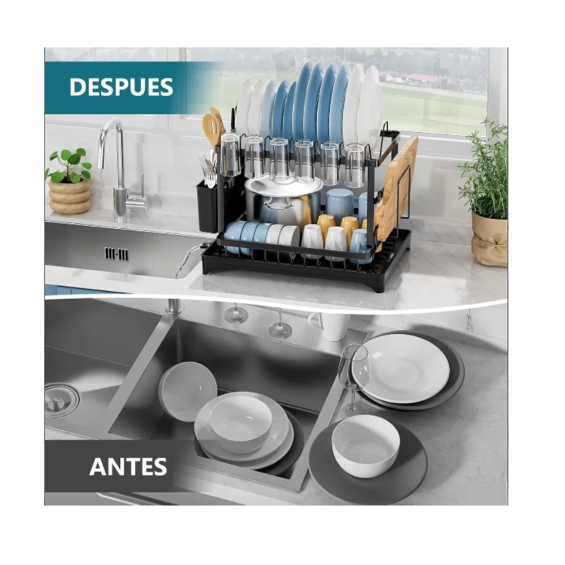 SECADOR ESCURRIDOR DE LOZA 2 NIVELES METAL NEGRO - GRAN CAPACIDAD Y DISEÑO MODERNO - 3