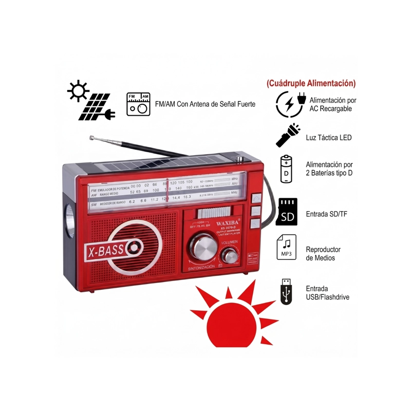 RADIO PORTATIL WAXIBA XB-397U-S AMFMSW USB SOLAR RECARGABLE ROJA - 3