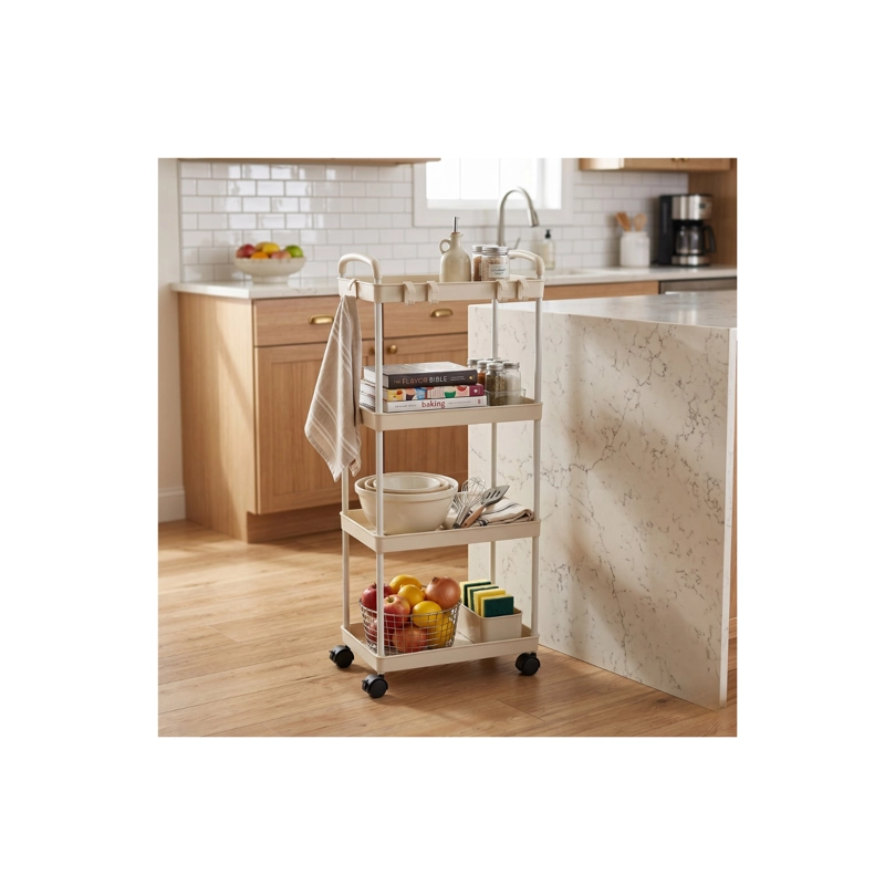 CARRITO DE ALMACENAMIENTO DE 4 NIVELES CON ASA, COCINA, BAÑO COLOR CREMA - 1