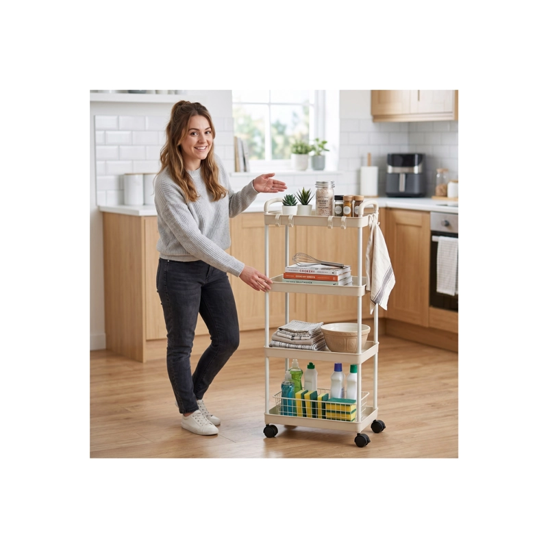 CARRITO DE ALMACENAMIENTO DE 4 NIVELES CON ASA, COCINA, BAÑO COLOR CREMA - 2