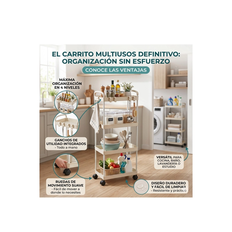 CARRITO DE ALMACENAMIENTO DE 4 NIVELES CON ASA, COCINA, BAÑO COLOR CREMA - 3