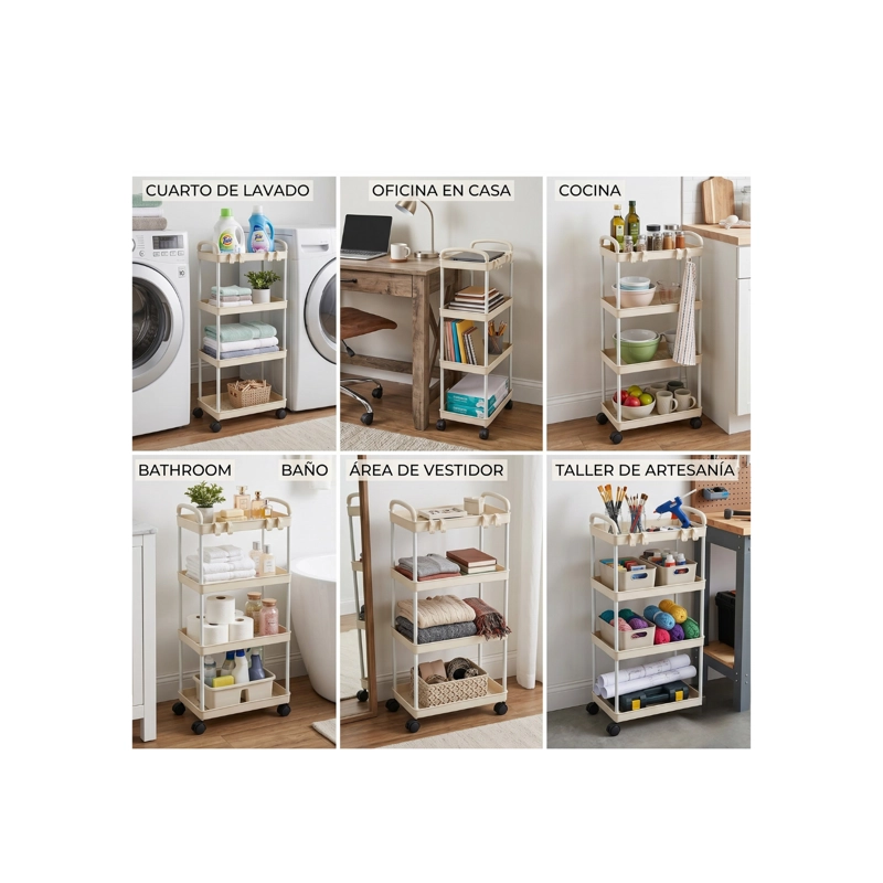 CARRITO DE ALMACENAMIENTO DE 4 NIVELES CON ASA, COCINA, BAÑO COLOR CREMA - 4