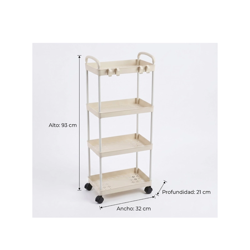 CARRITO DE ALMACENAMIENTO DE 4 NIVELES CON ASA, COCINA, BAÑO COLOR CREMA - 6