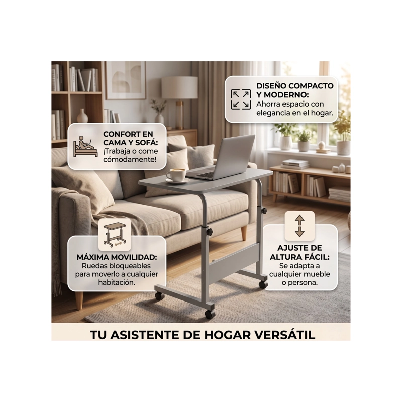 MESA ESCRITORIO AJUSTABLE CON RUEDAS PARA LAPTOP MULTIFUNCIONAL - BLANCO - 4