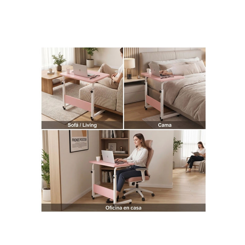 MESA ESCRITORIO AJUSTABLE CON RUEDAS PARA LAPTOP MULTIFUNCIONAL -.ROSA - 2