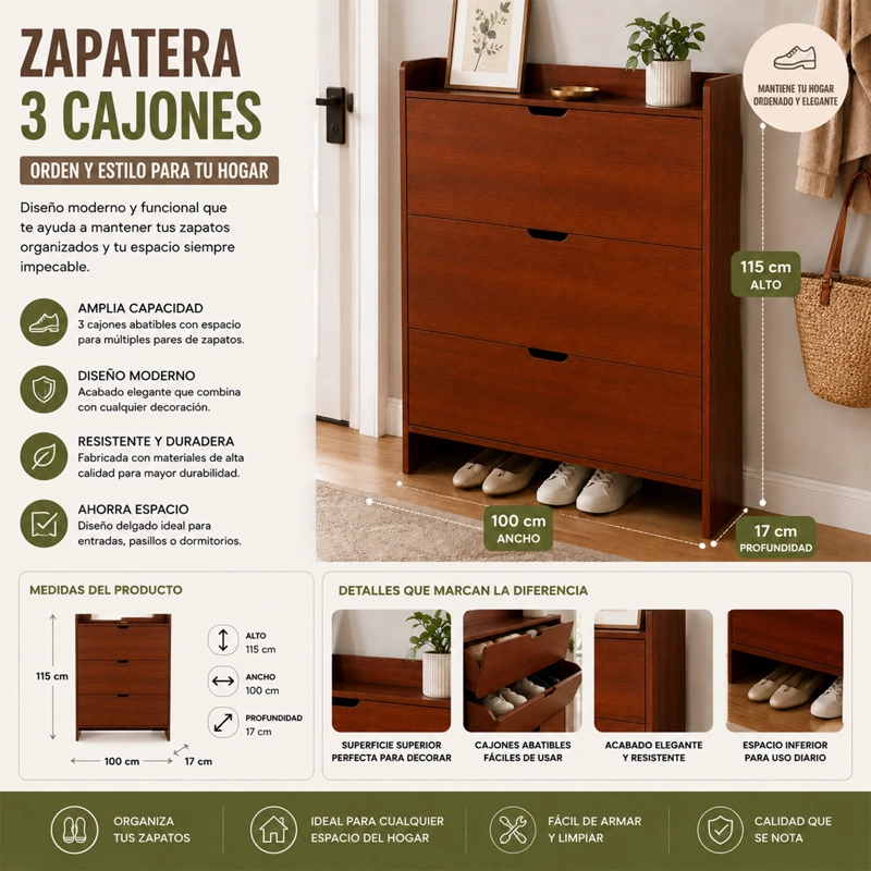 ZAPATERO ORGANIZADOR DE ENTRADA MODERNO COLOR CAFE - 5
