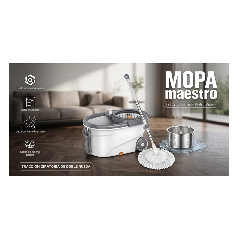 MOPA MOP GIRATORIA 360 PRO CON RUEDAS Y CENTRIFUGADO DE ACERO INOXIDABLE - GRIS/BLANCO - 1