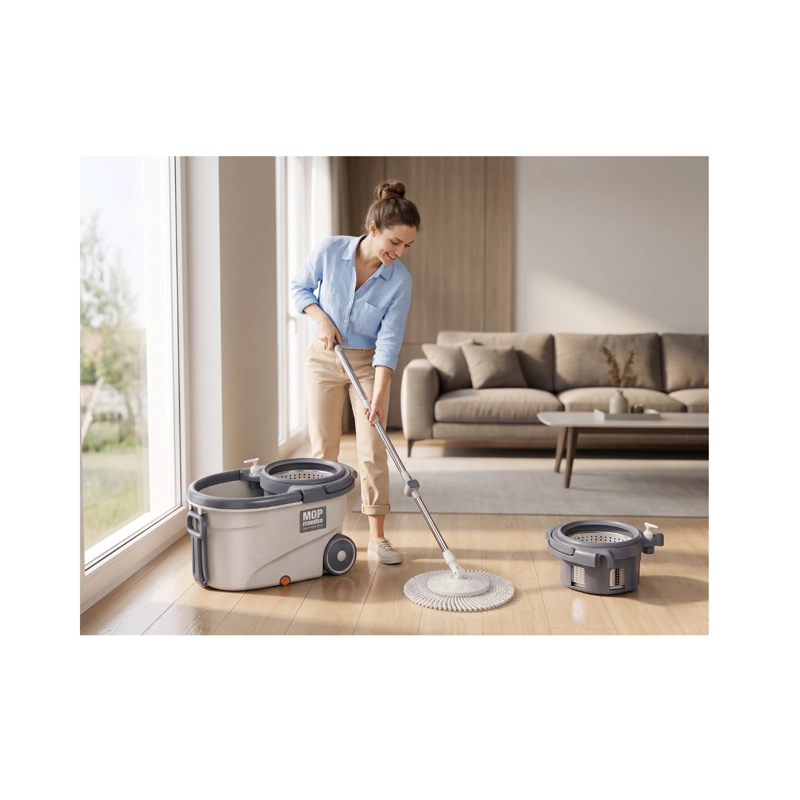 MOPA MOP GIRATORIA 360 PRO CON RUEDAS Y CENTRIFUGADO DE ACERO INOXIDABLE - GRIS/BLANCO - 4