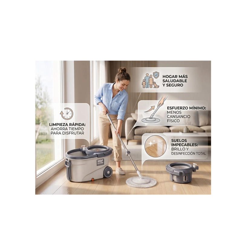 MOPA MOP GIRATORIA 360 PRO CON RUEDAS Y CENTRIFUGADO DE ACERO INOXIDABLE - GRIS/BLANCO - 5