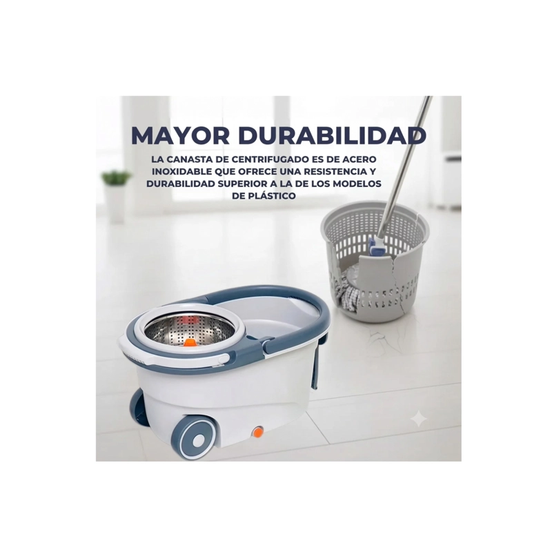 MOPA MOP GIRATORIA 360 PRO CON RUEDAS Y CENTRIFUGADO DE ACERO INOXIDABLE - GRIS/BLANCO - 6