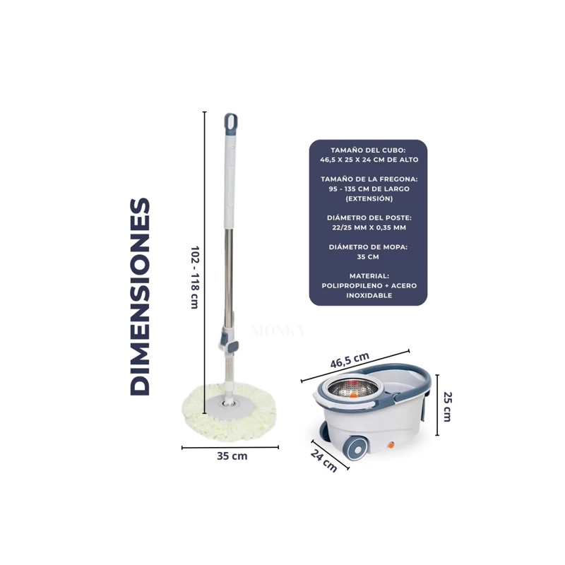 MOPA MOP GIRATORIA 360 PRO CON RUEDAS Y CENTRIFUGADO DE ACERO INOXIDABLE - GRIS/BLANCO - 7
