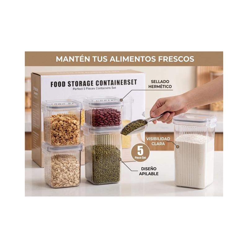 SET DE 5 CONTENEDORES HERME TICOS ORGANIZADORES DE COCINA ALIMENTOS - 2